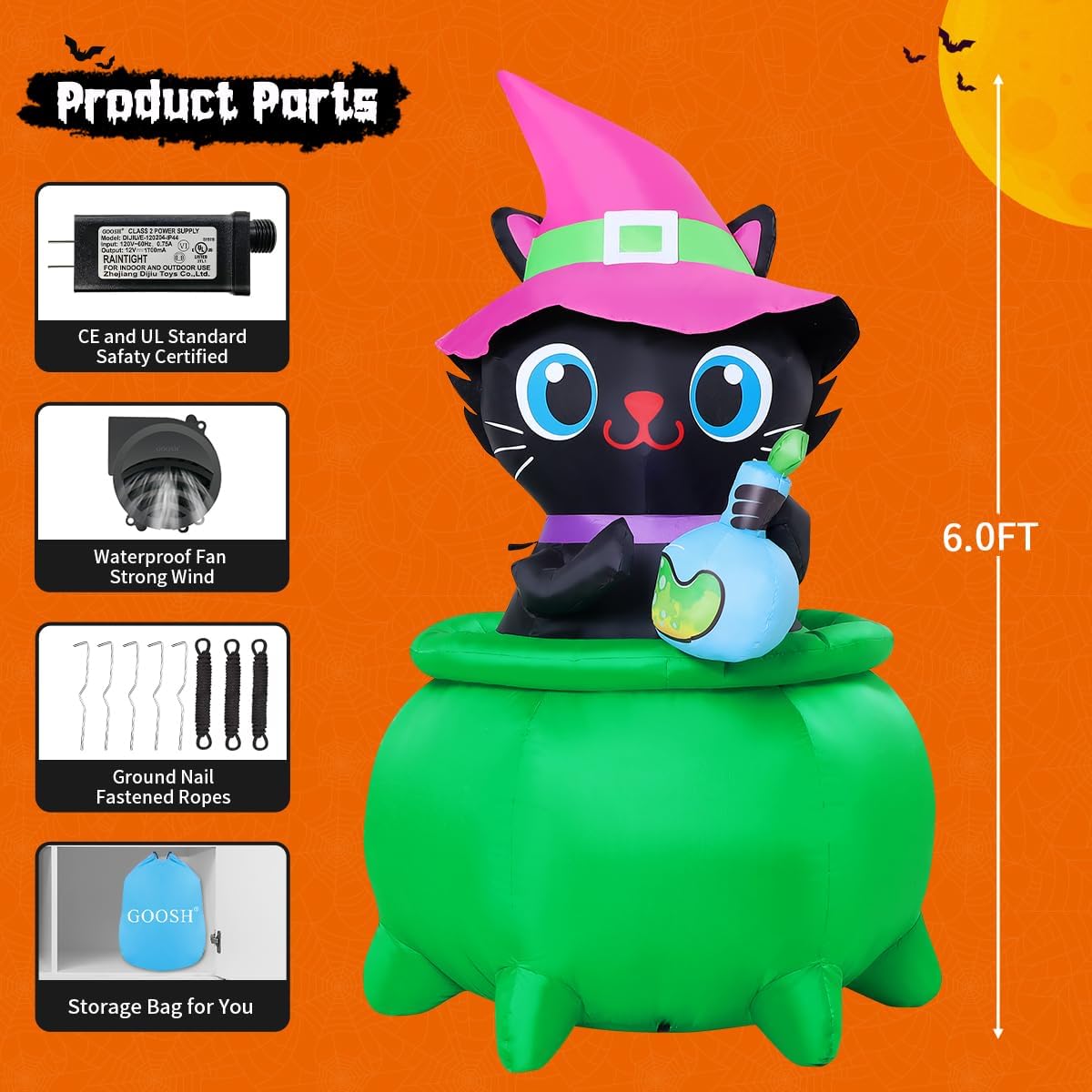 6 FT Halloween Inflatable Cat with LED Lights B56177