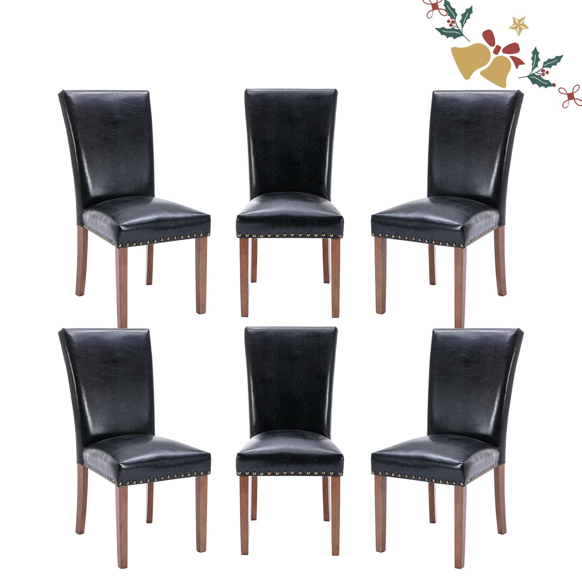 Black Upholstered Dining Chairs Set of 6 with Wood Legs F11605