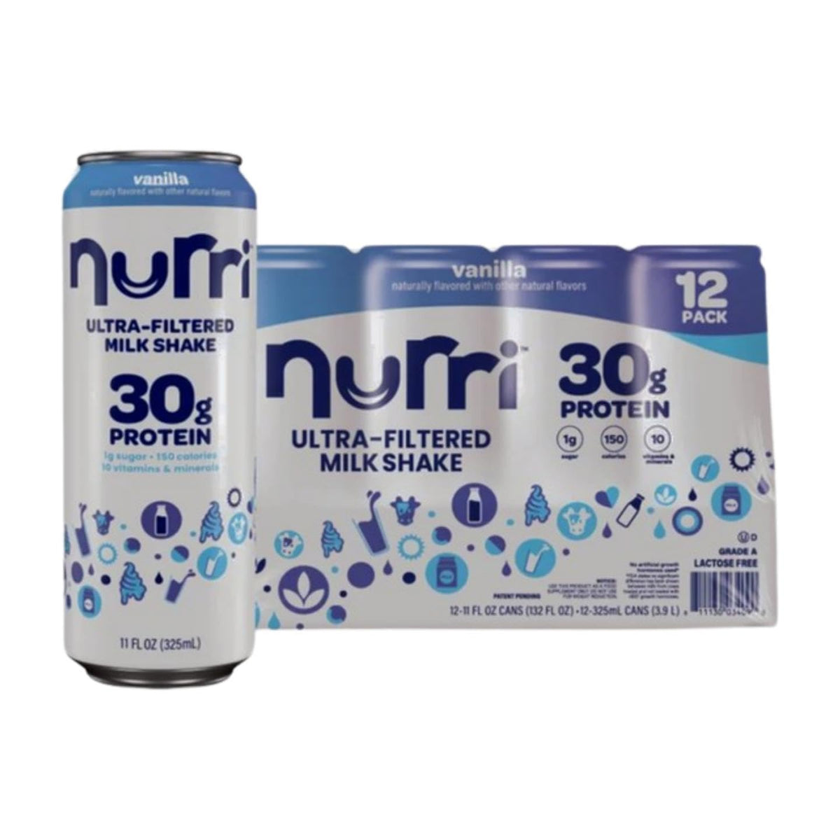 12 Pack Vanilla Milk Shake 30g Protein 1g Sugar Lactose-Free E349308