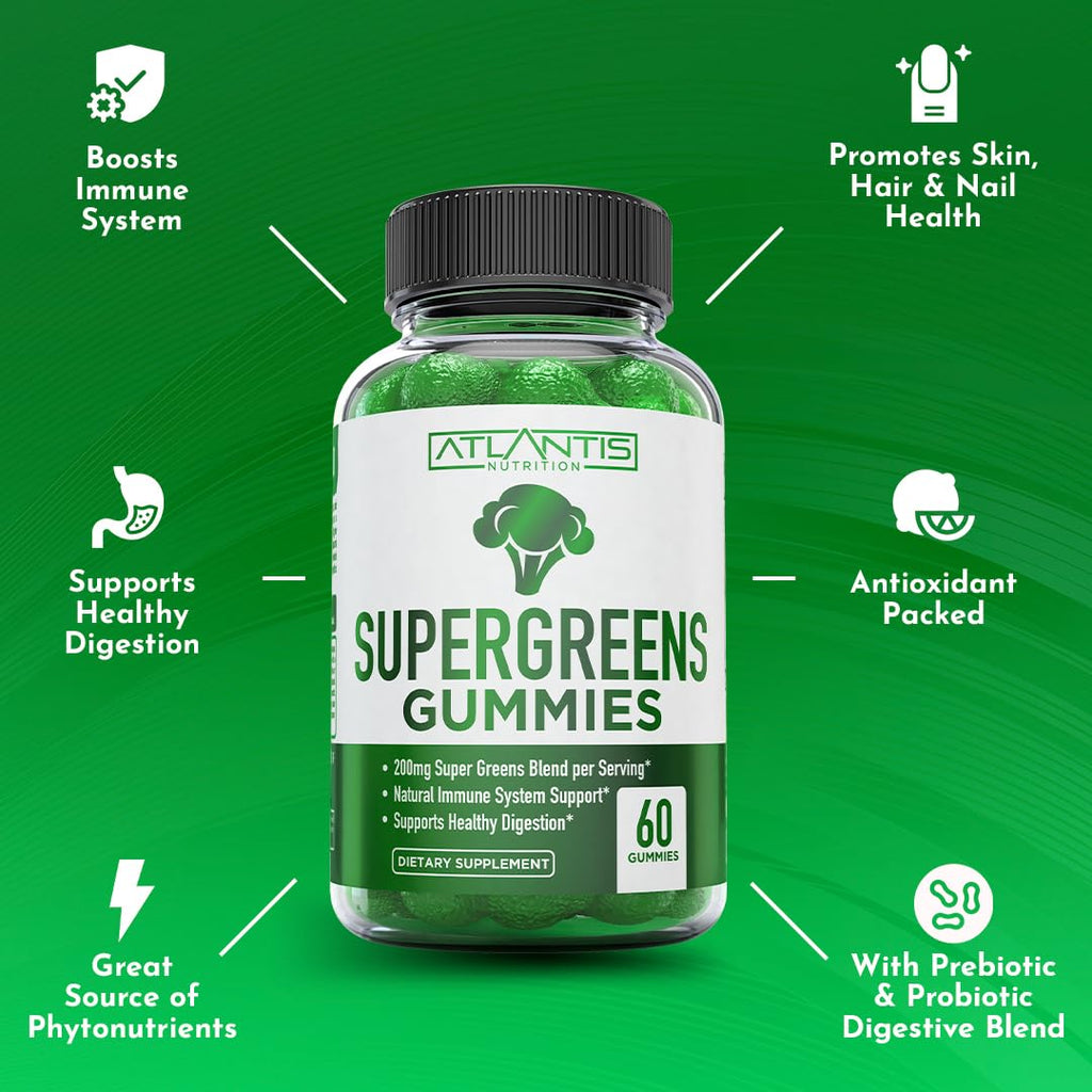 Supergreens Gummies Supplement with Spinach, Broccoli, Moringa, Beet Root, Celery, Green Tea, & Acai, Natural Raspberry Flavor, 60 cnt O70529