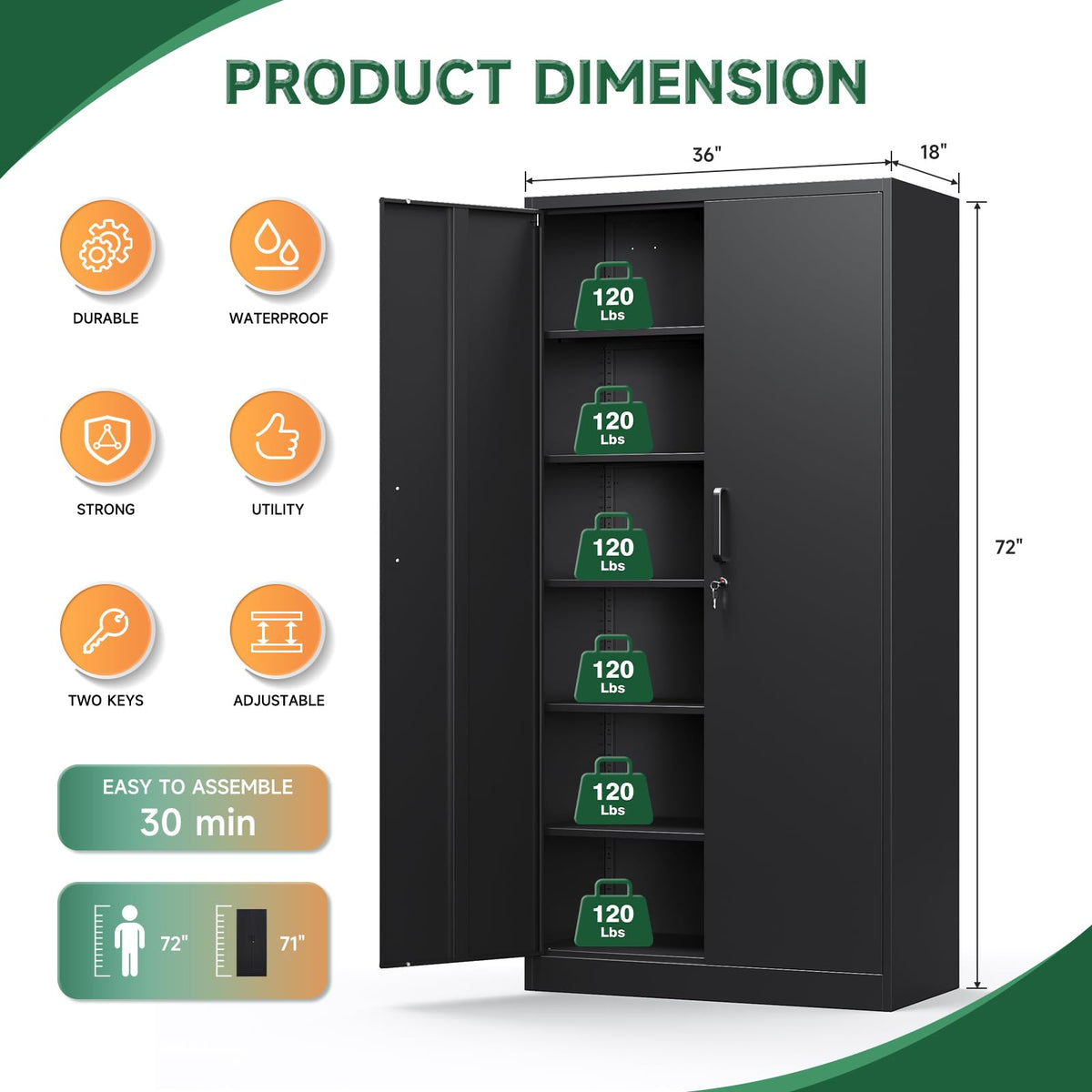 Metal Garage Storage Cabinets with Lock, 72 Tall Steel Lockers, 5 Adjustable Shelves, Black I424286