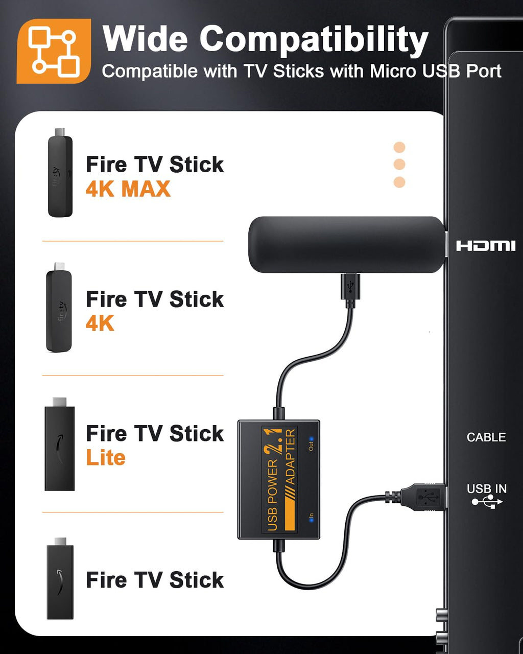 USB Power Cable Adapter for Fire TV Stick W7857