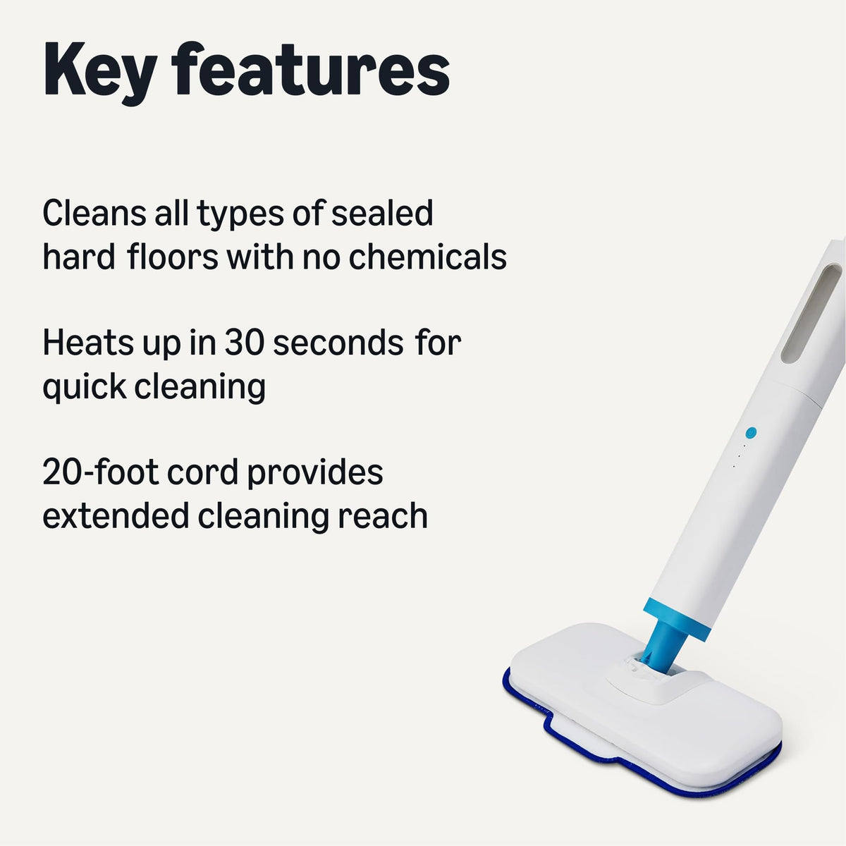 Steam Mop for Sealed Hard Floors, 3 Washable Pads, 20-Foot Cord, White S75531