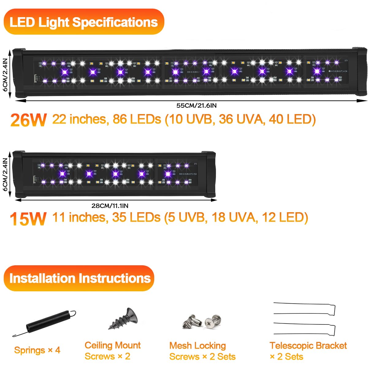 12" T5 UVB Reptile Light Fixture Kit + 11" LED UVB Reptile Light G63694