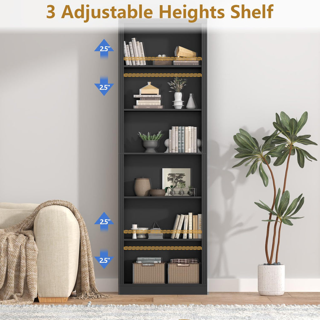 Black 75" Tall 6 Tier Adjustable Bookshelf J56688
