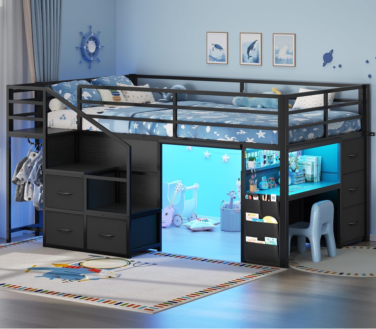 Twin Low Loft Bed with Stairs, Desk, 6 Storage Drawers, Black C49833