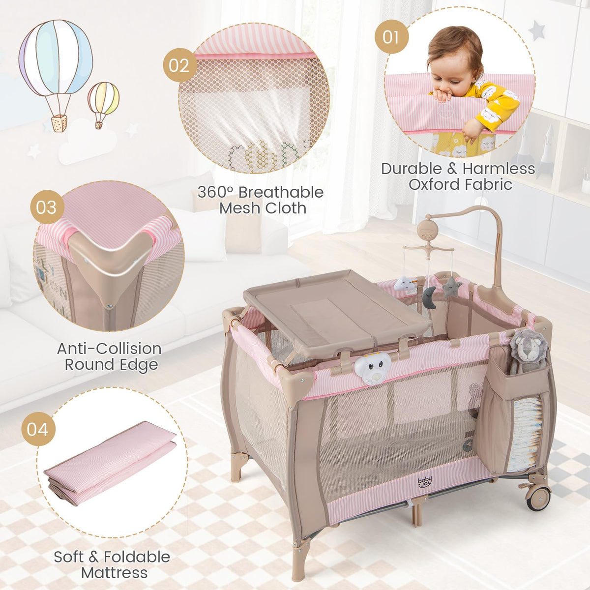3 in 1 Pink Pack and Play with Bassinet B45481