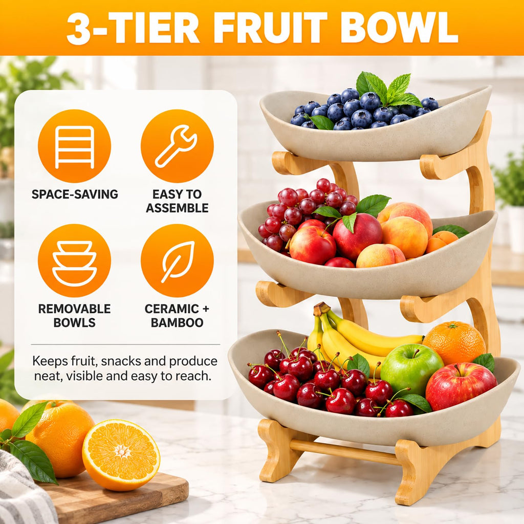 3 Tier Ceramic Fruit Basket with Bamboo Stand K79413