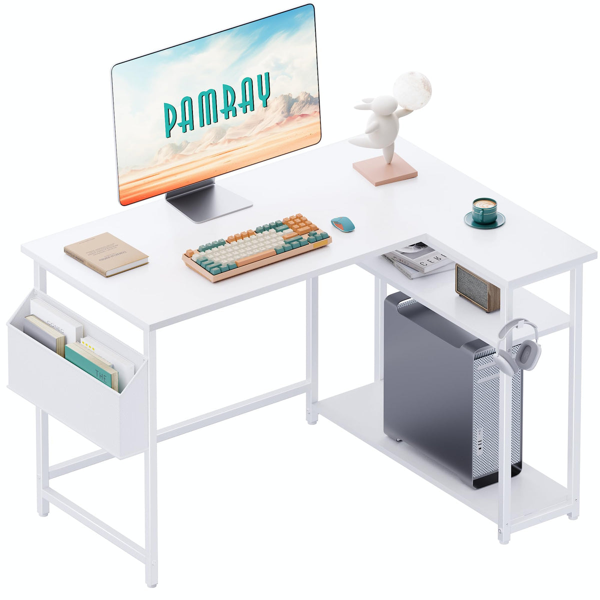 40 Inch L Shaped Computer Desk with Reversible Storage Shelves White K38629