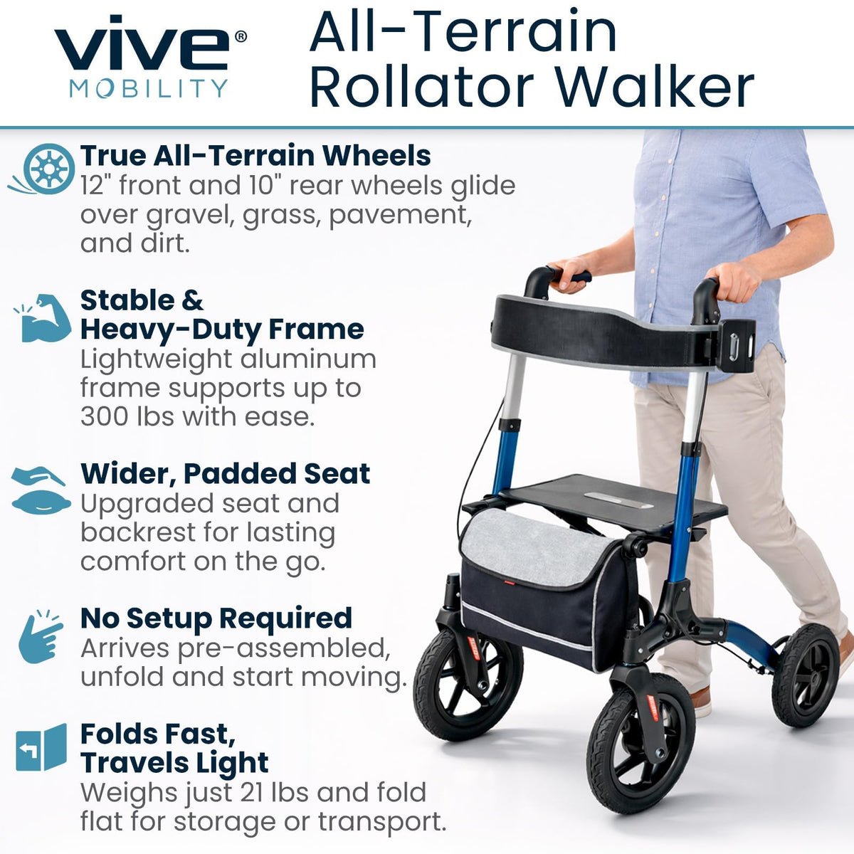 All-Terrain Rollator Walker with 12” Pneumatic Wheels E830866