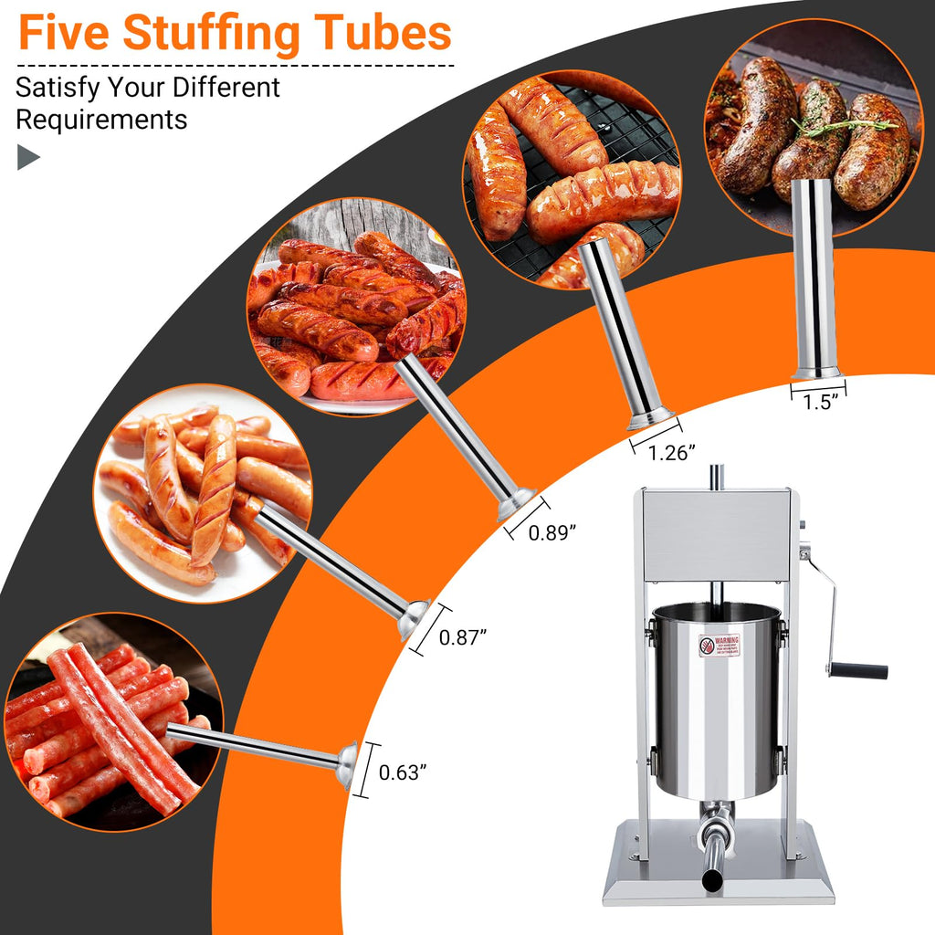 Manual 5L Stainless Steel Sausage Stuffer with 5 Stuffing Tubes Z64898