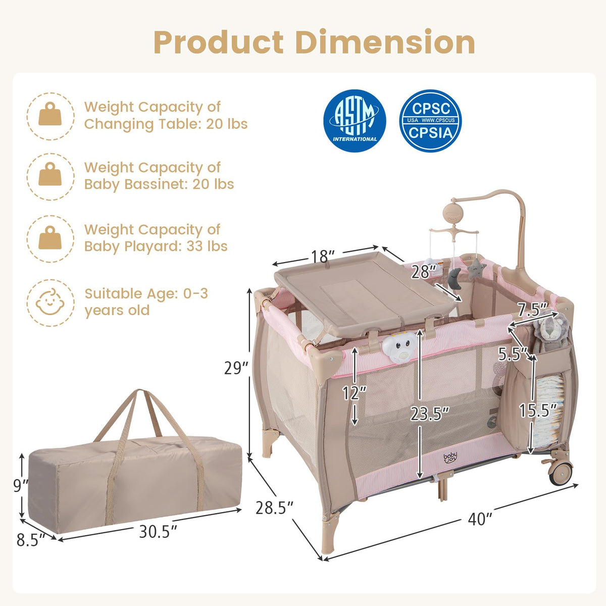 3 in 1 Pink Pack and Play with Bassinet B45481