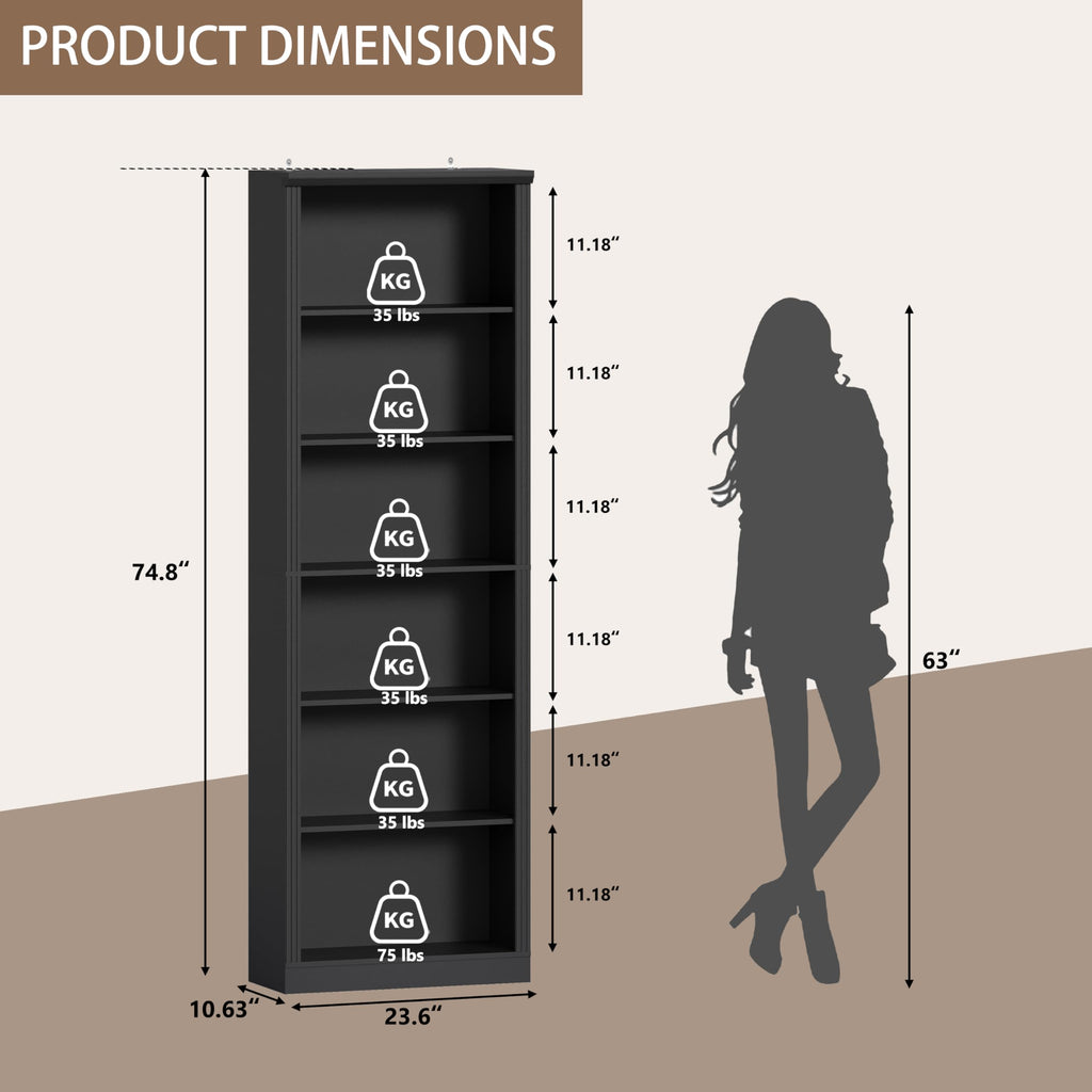 Black 75" Tall 6 Tier Adjustable Bookshelf J56688