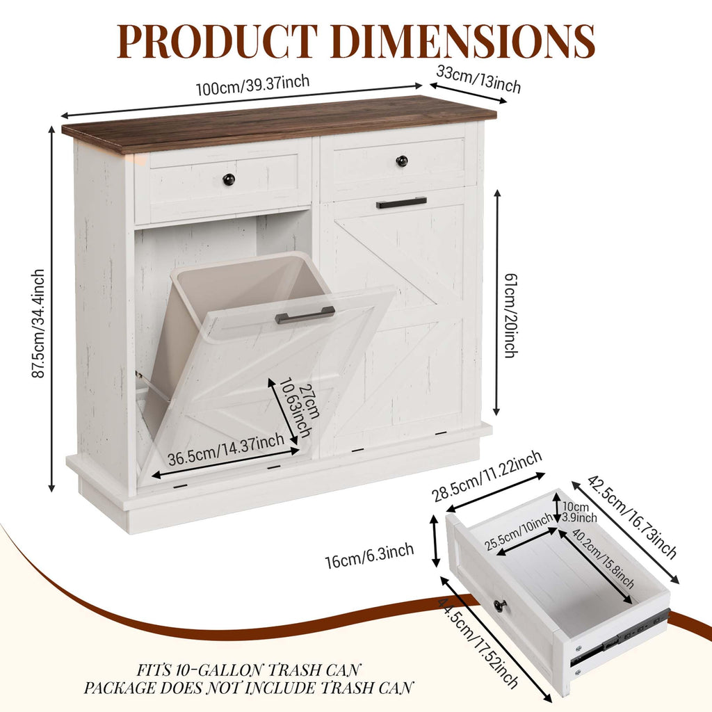 White Double Tilt Out Trash Can Cabinet with 2 Storage Drawers B95427