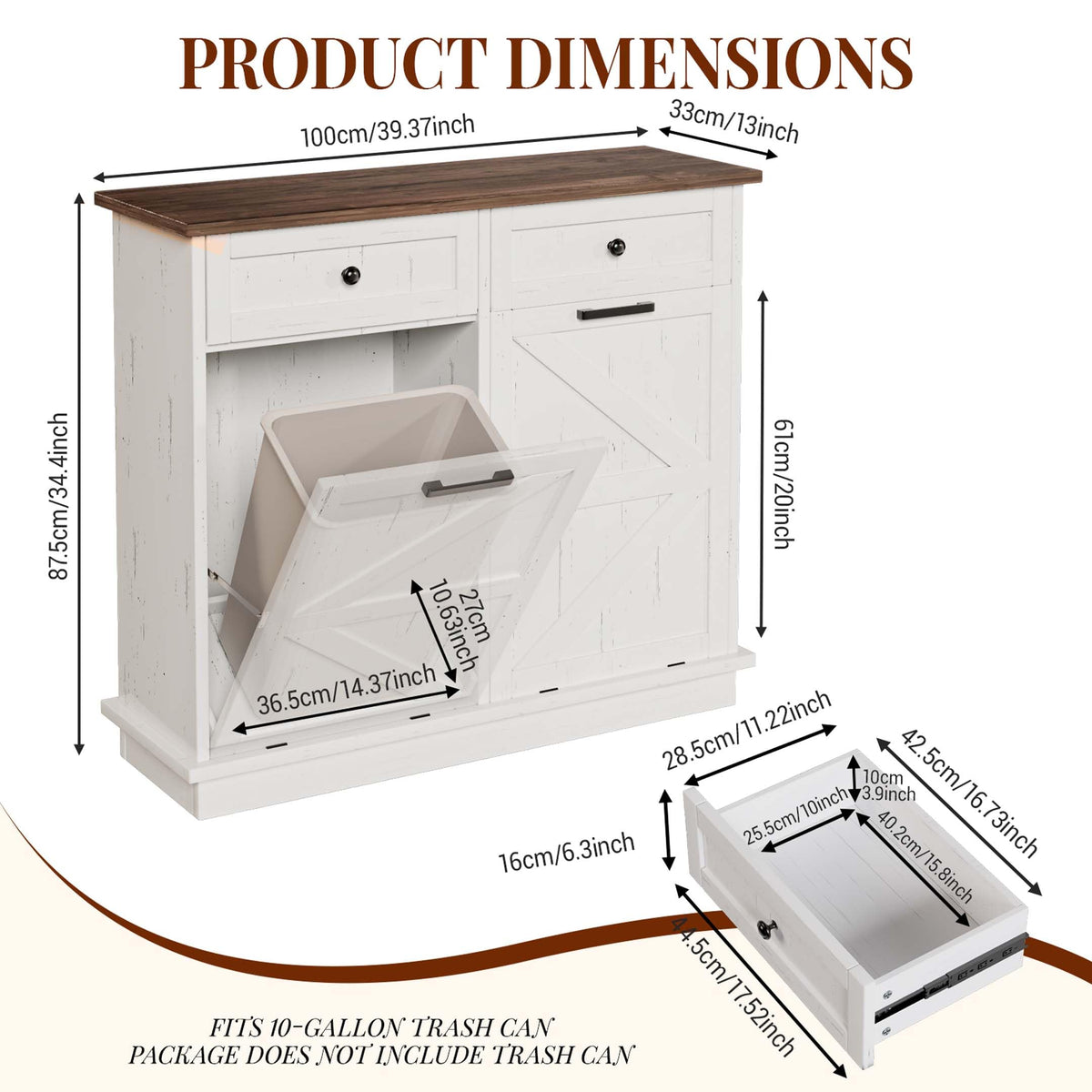White Double Tilt Out Trash Can Cabinet with 2 Storage Drawers B95427