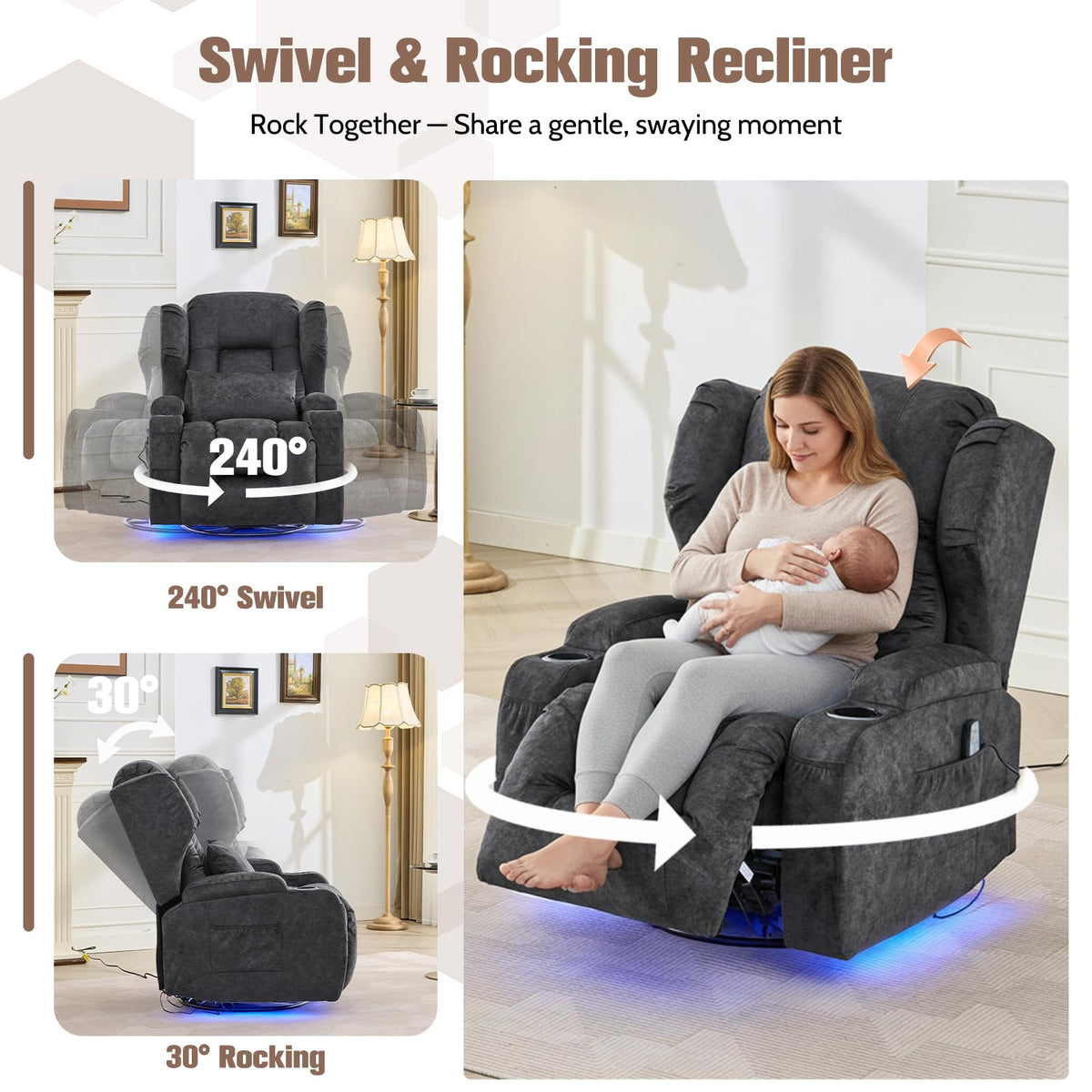 Velvet Gray Swivel Rocker Recliner with Massage and Heat B314