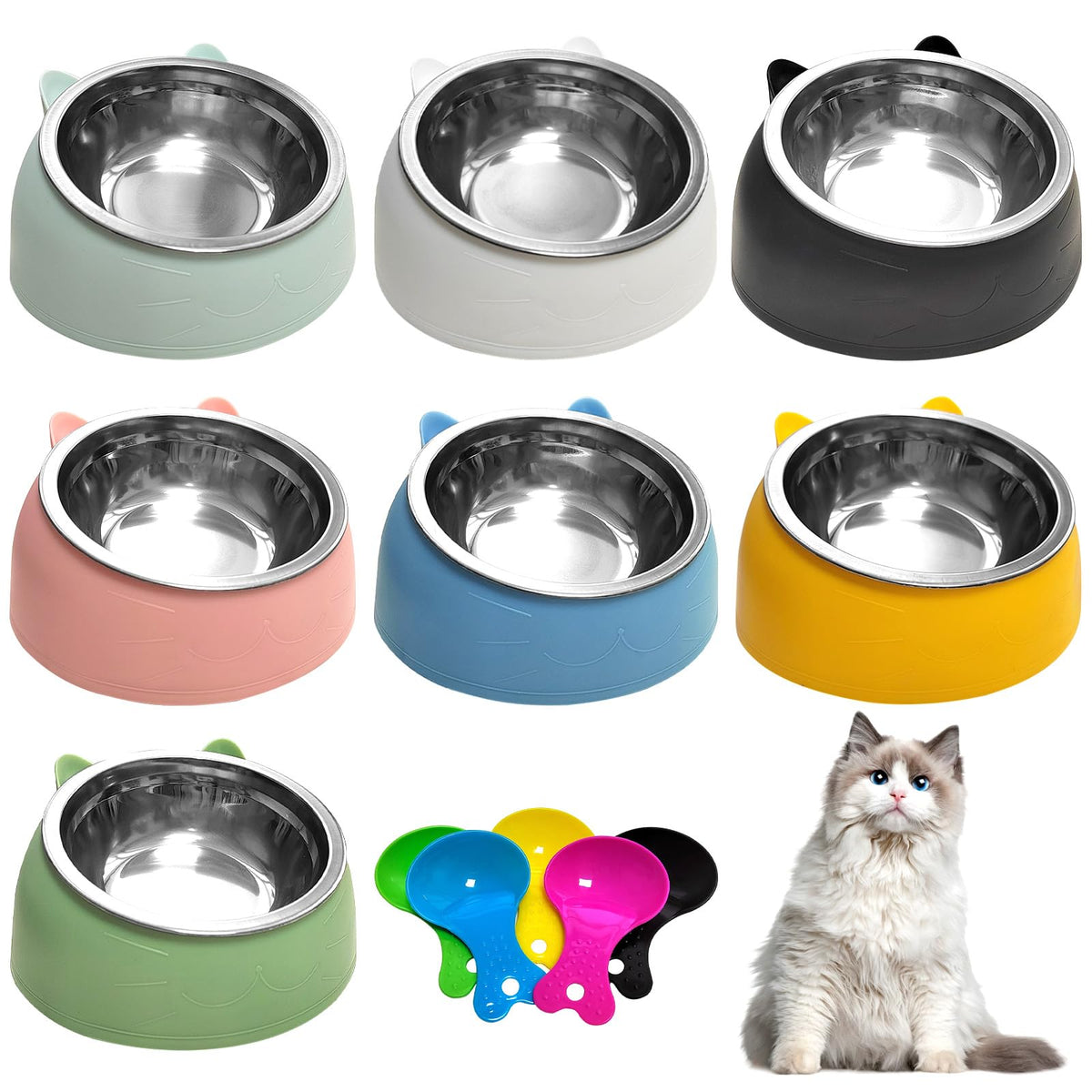7 Pcs Stainless Steel Raised Cat Food Bowl G296