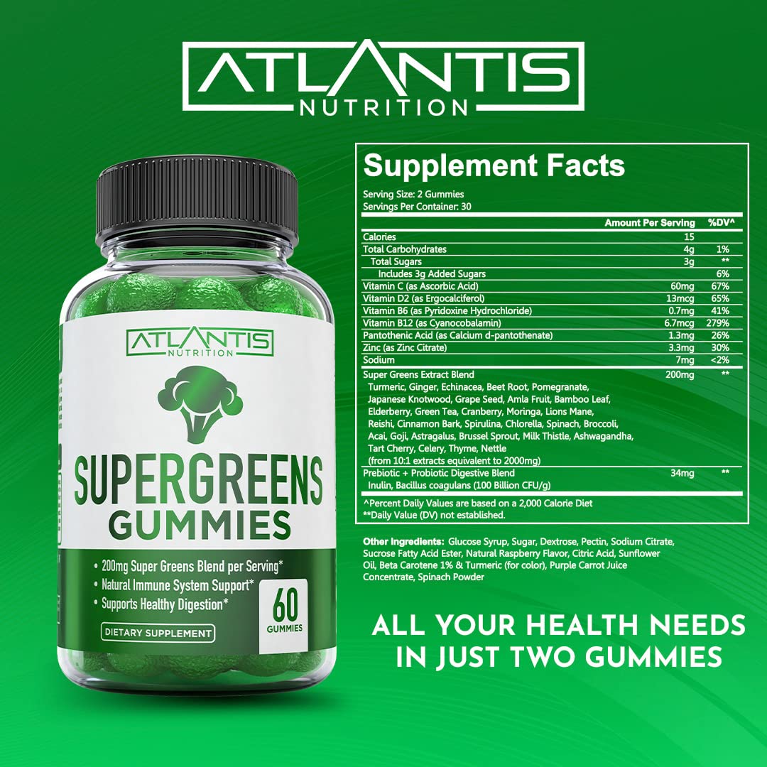 Supergreens Gummies Supplement with Spinach, Broccoli, Moringa, Beet Root, Celery, Green Tea, & Acai, Natural Raspberry Flavor, 60 cnt O70529