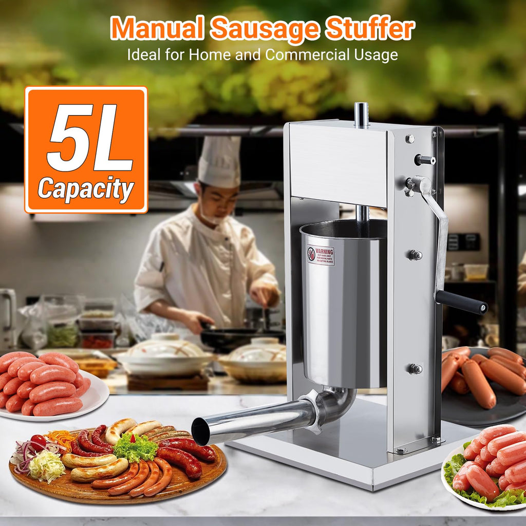 Manual 5L Stainless Steel Sausage Stuffer with 5 Stuffing Tubes Z64898