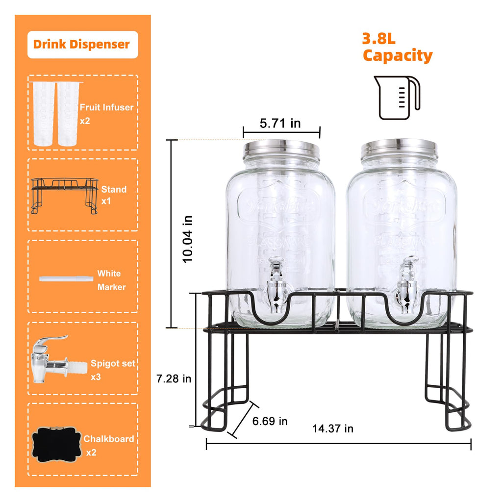 1 Gallon Glass Drink Dispenser Set of 2 Q3906