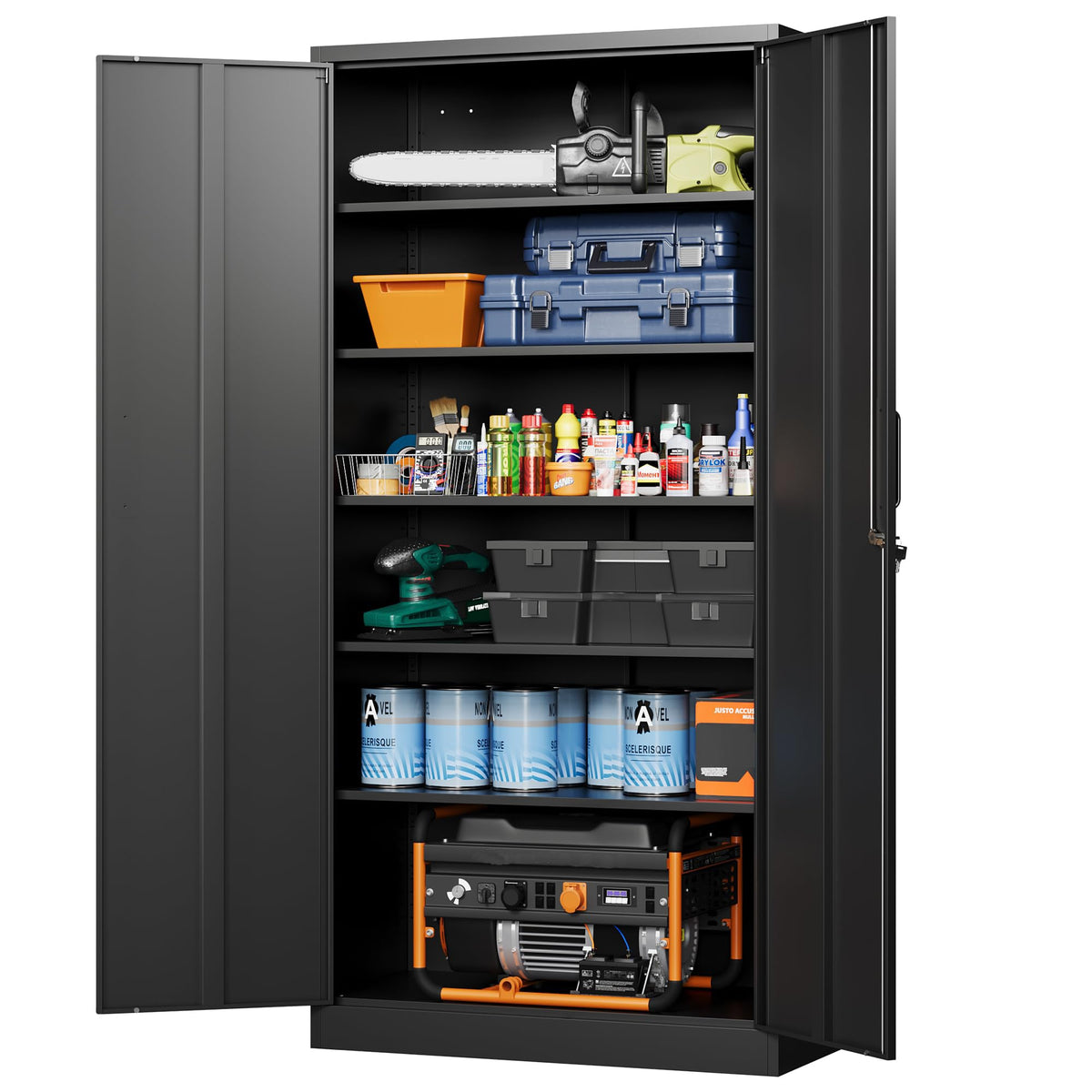 Metal Garage Storage Cabinets with Lock, 72 Tall Steel Lockers, 5 Adjustable Shelves, Black I424286