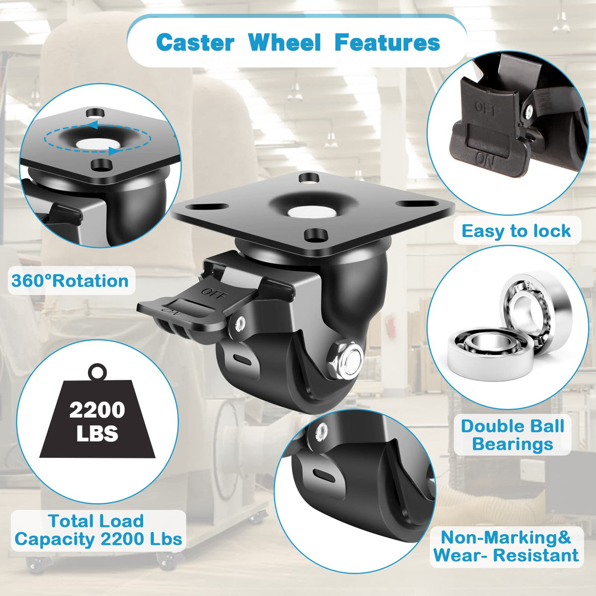 2-Inch Heavy Duty Casters Set of 4 with Brake I5420