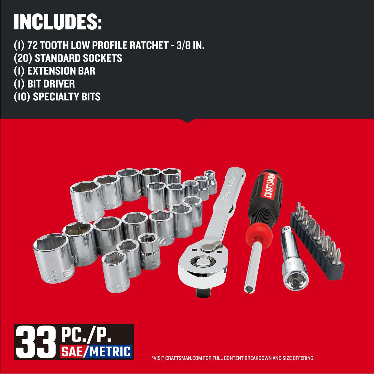 33 Piece 3/8 Inch Drive SAE/Metric Mechanics Tool Set Y980410