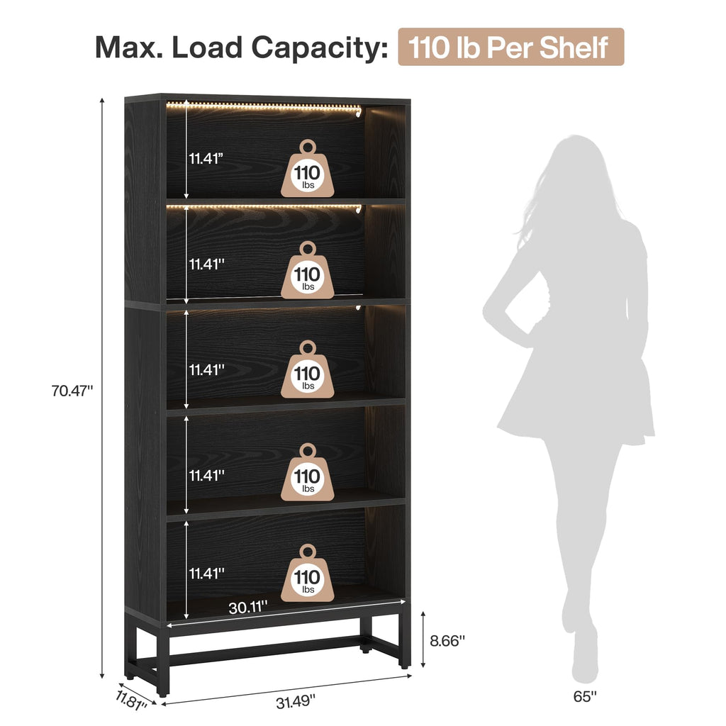 Black 70.8” 5-Tier Bookcase with LED Lights I9762