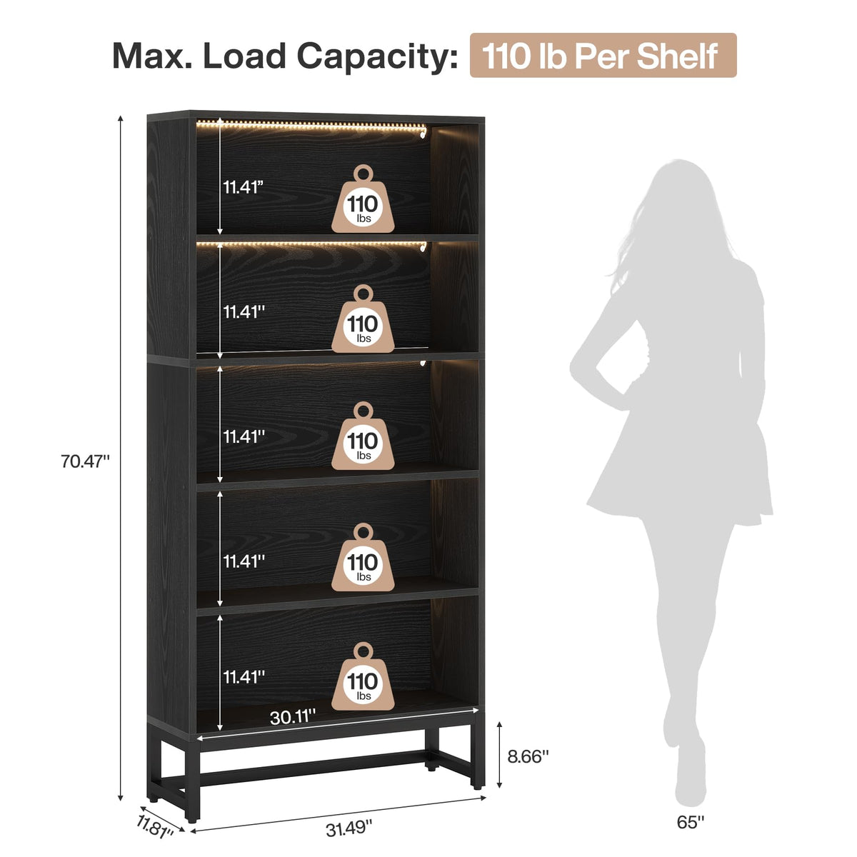 Black 70.8” 5-Tier Bookcase with LED Lights I9762