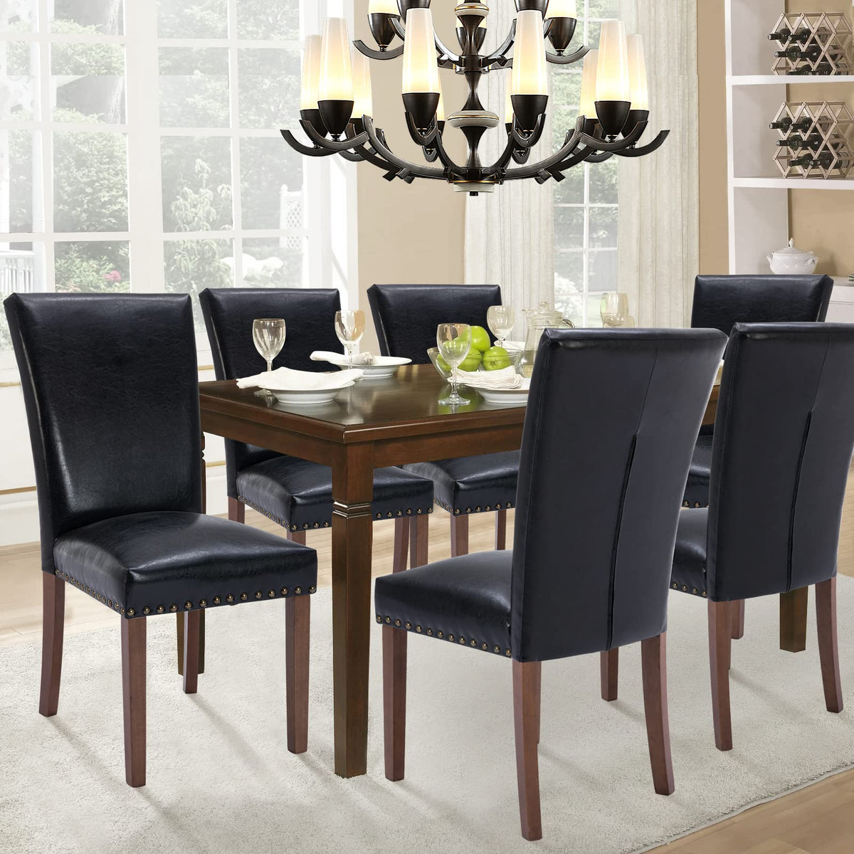 Black Upholstered Dining Chairs Set of 6 with Wood Legs F11605