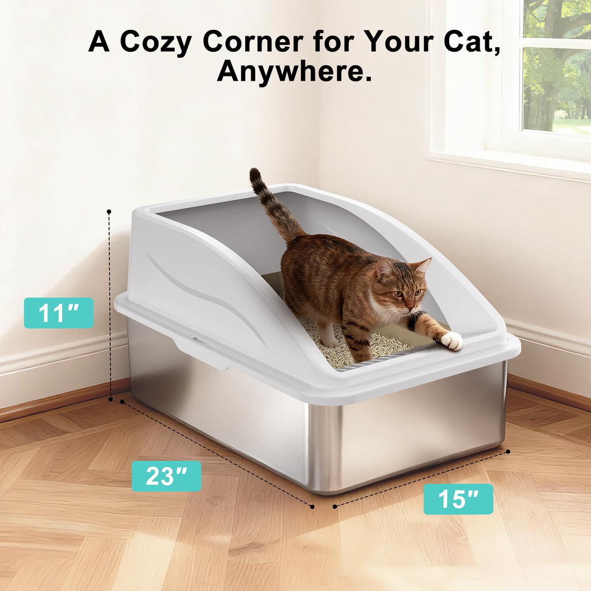 XL Enclosed High Sided Stainless Steel Cat Litter Box with Lid Q3188