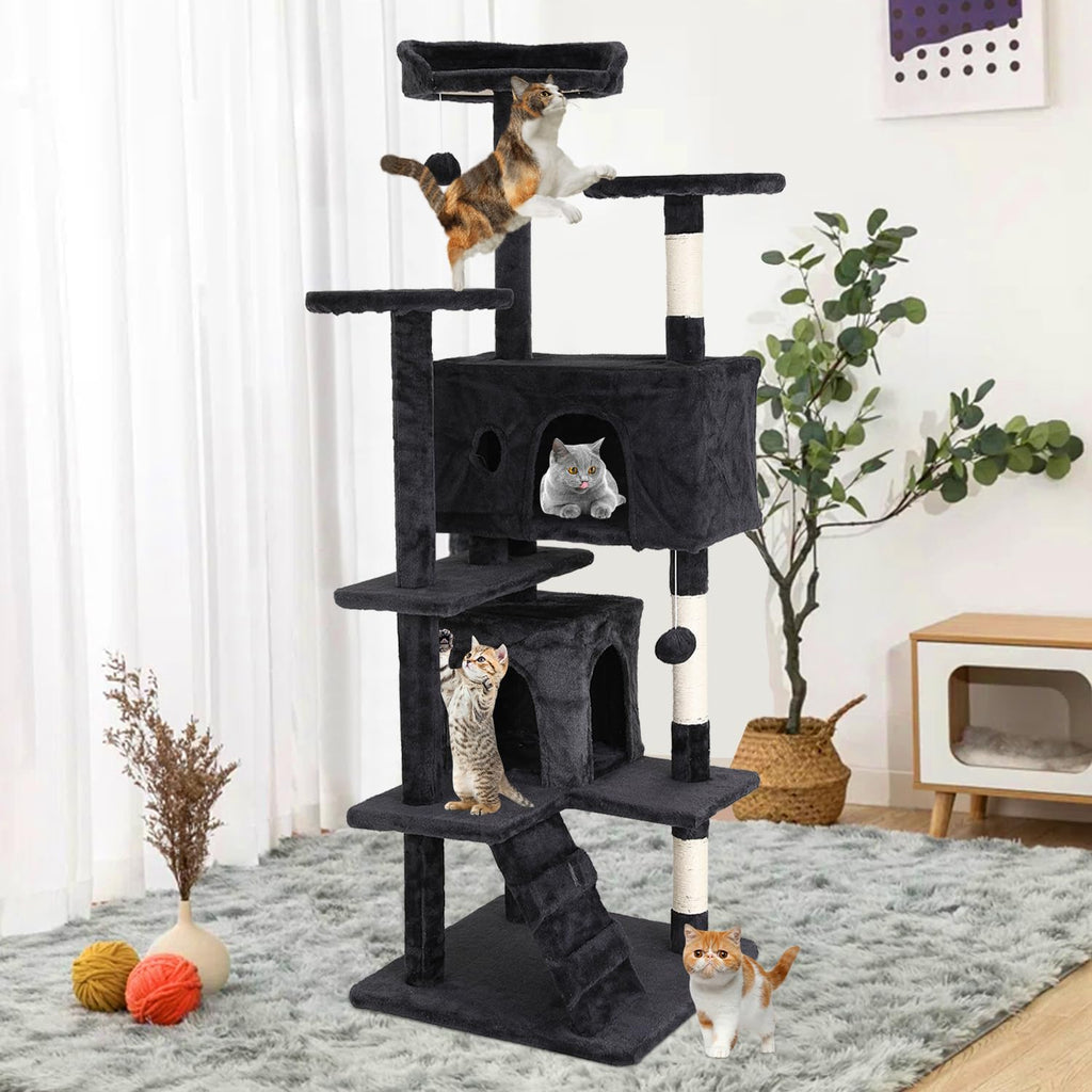70 Inches Multi-Level Cat Tree with Litter Box Enclosure Dark Gray D73256