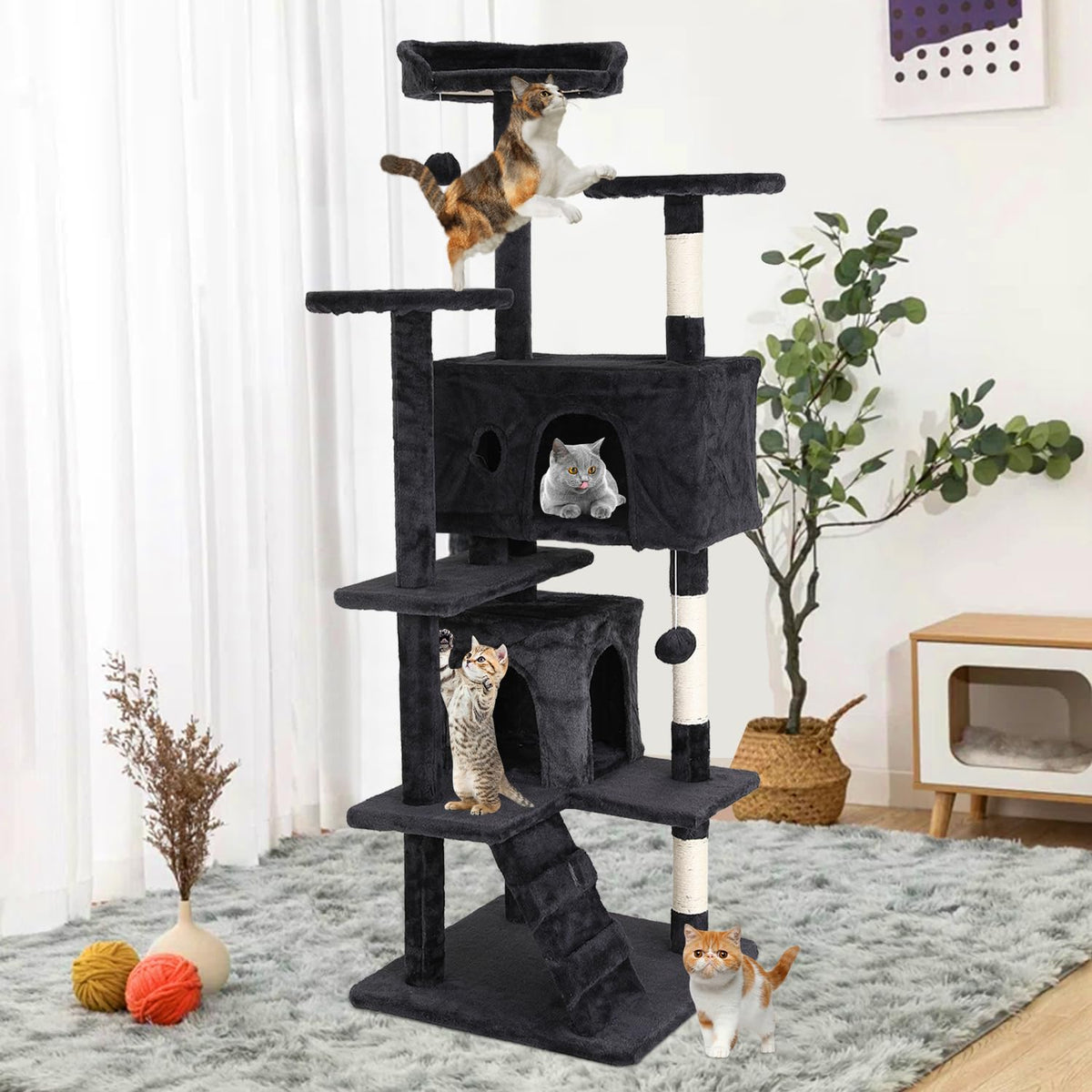 70 Inches Multi-Level Cat Tree with Litter Box Enclosure Dark Gray D73256