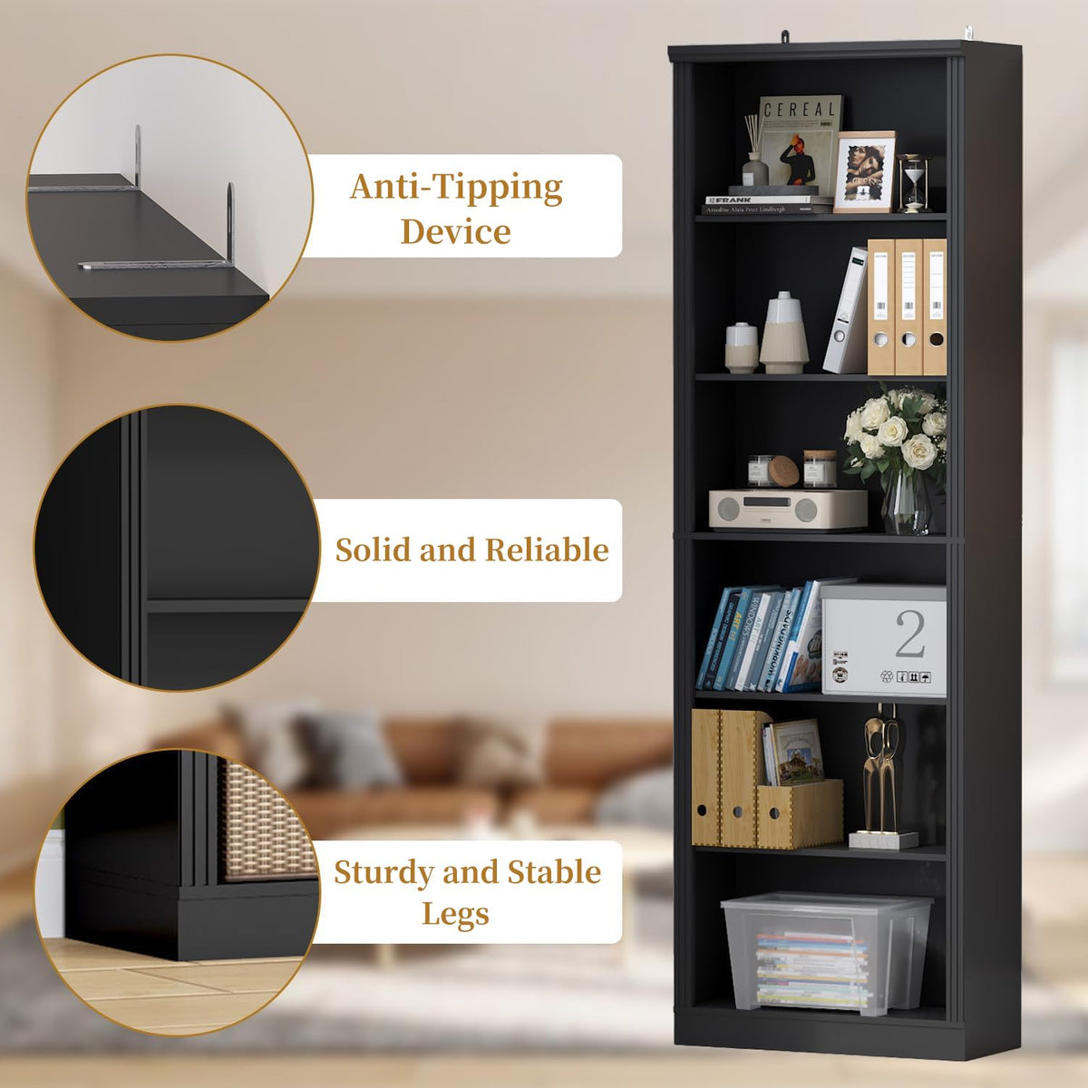 Black 75" Tall 6 Tier Adjustable Bookshelf J56688