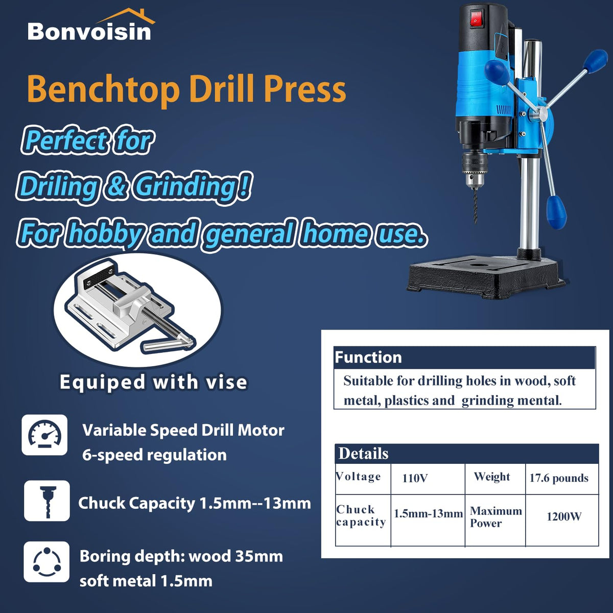 Mini Benchtop Drill Press 6 Variable Speed 1200W B143