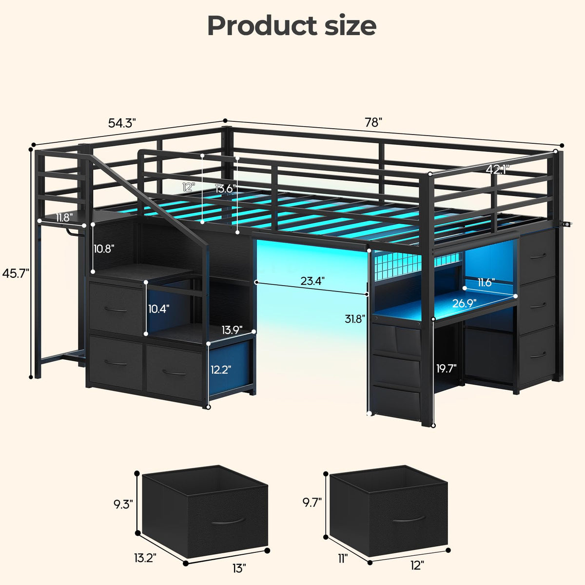 Twin Low Loft Bed with Stairs, Desk, 6 Storage Drawers, Black C49833