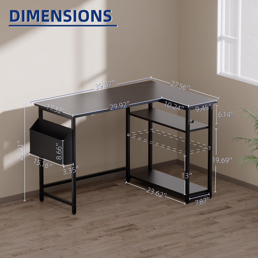 40 Inch L Shaped Computer Desk with Reversible Storage Shelves White K38629