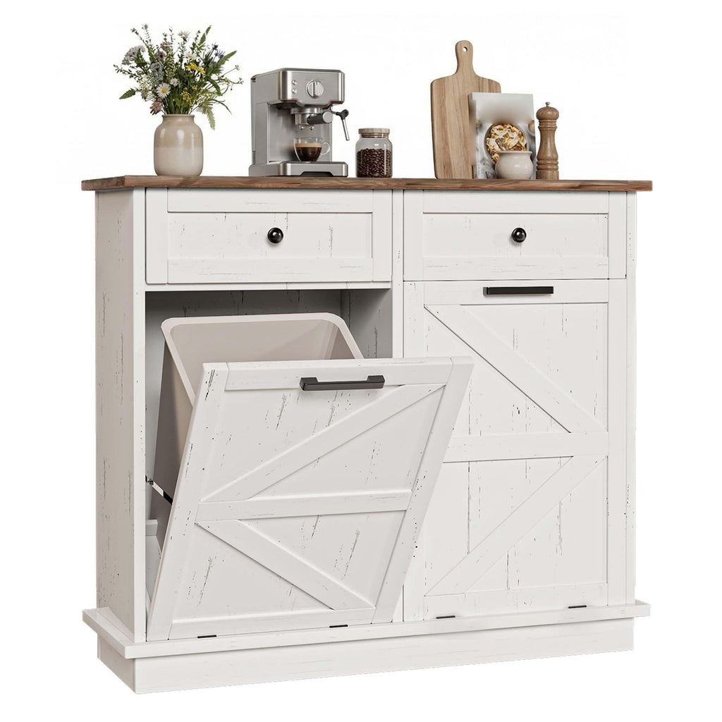 White Double Tilt Out Trash Can Cabinet with 2 Storage Drawers B95427