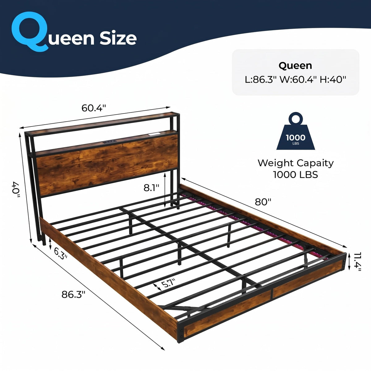 Queen Size Metal Platform Bed Frame with Storage Headboard L14452