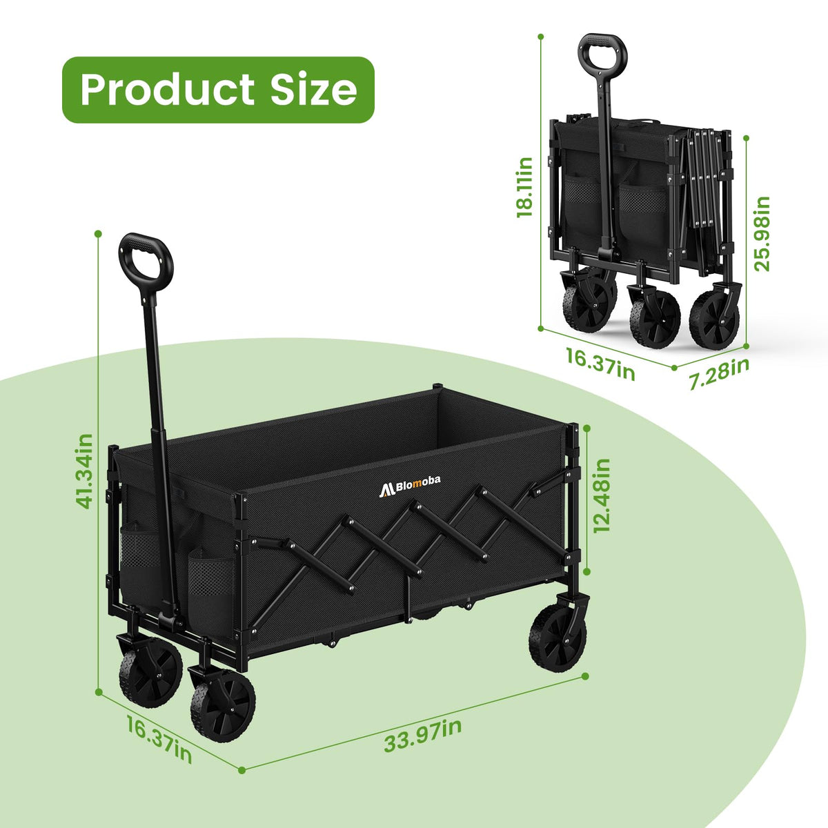 35" Extra Long Folding Wagon with Adjustable Handle & Wheels, Black A2227