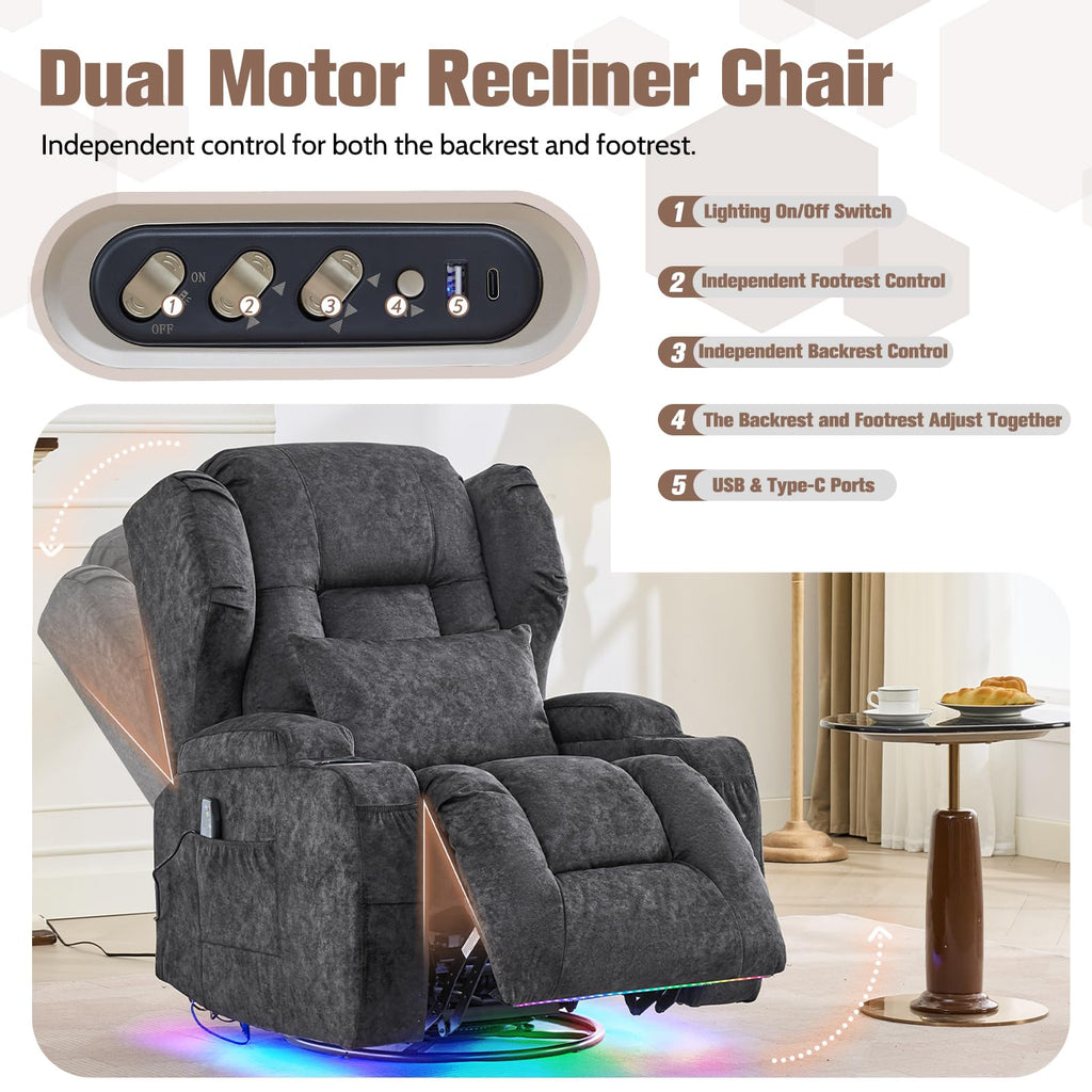 Velvet Gray Swivel Rocker Recliner with Massage and Heat B314
