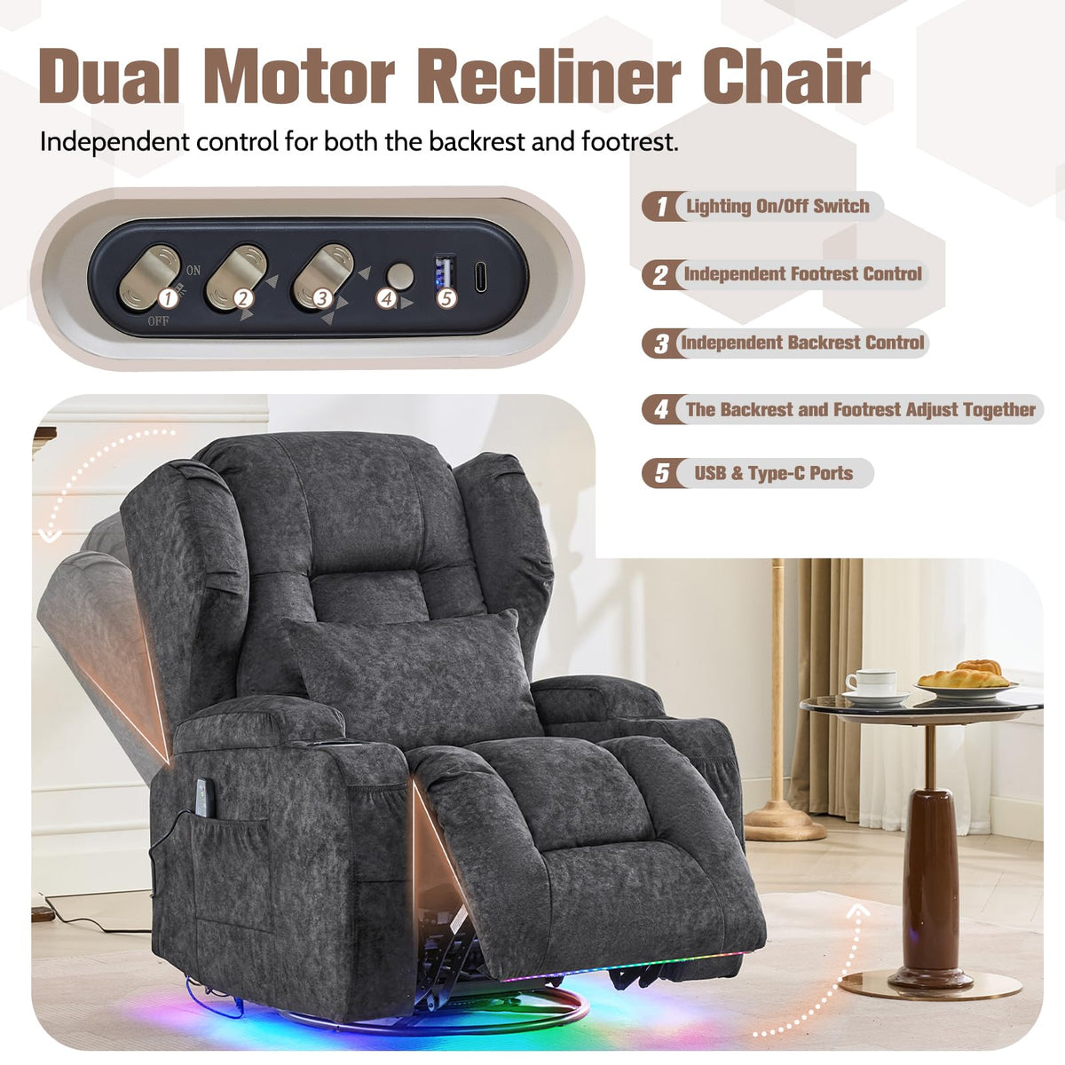 Velvet Gray Swivel Rocker Recliner with Massage and Heat B314