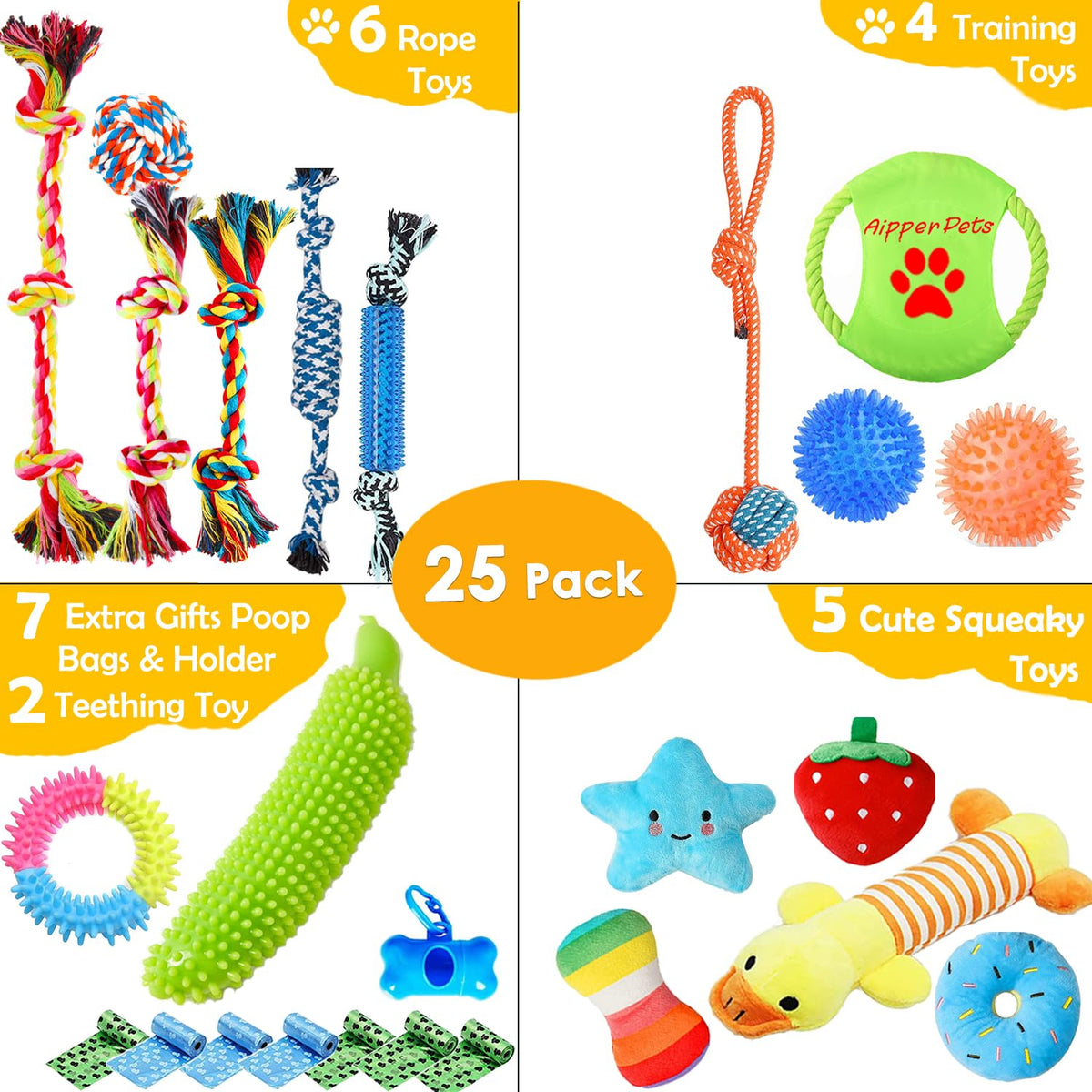 25 Pack Puppy Chew Toys with Squeak Plush Rope Toys G209