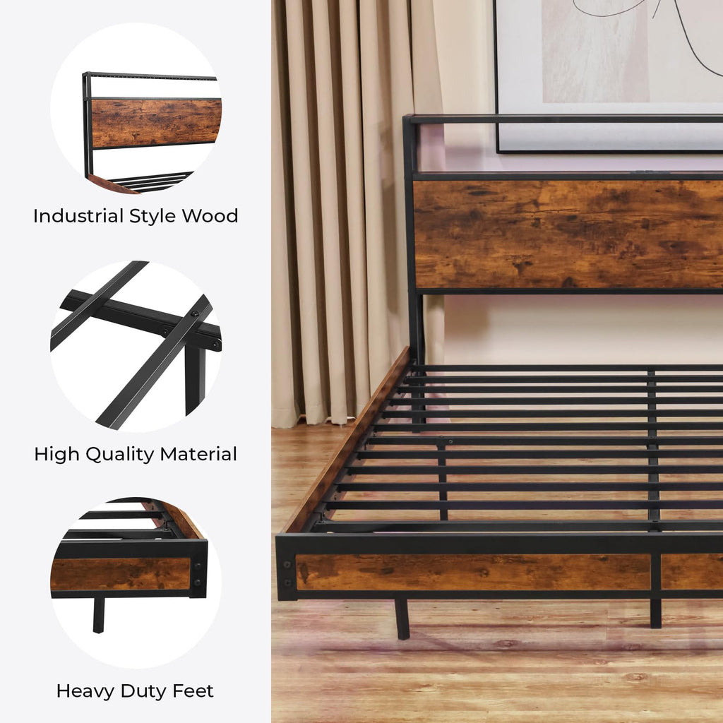 Queen Size Metal Platform Bed Frame with Storage Headboard L14452