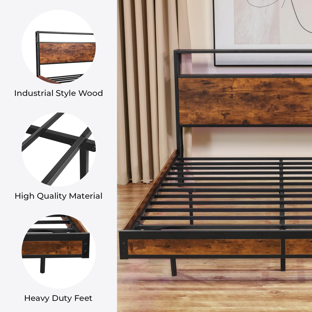 Queen Size Metal Platform Bed Frame with Storage Headboard L14452