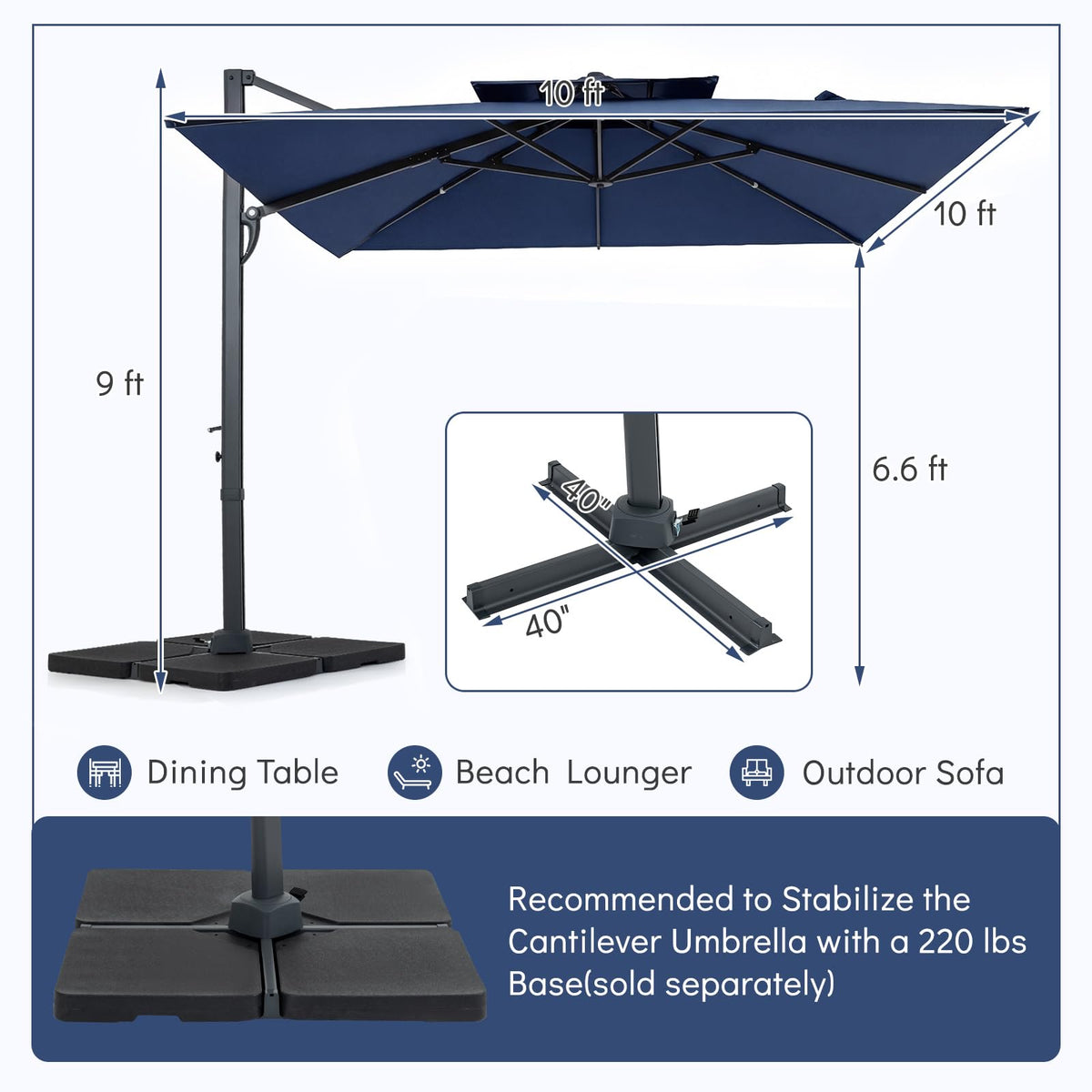 10 FT Navy Blue Cantilever Patio Umbrella T369