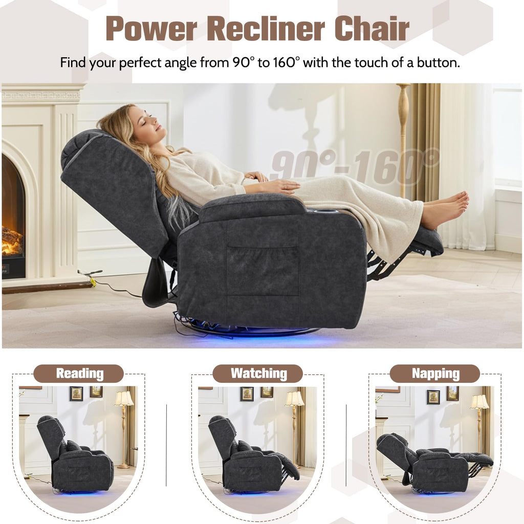 Velvet Gray Swivel Rocker Recliner with Massage and Heat B314