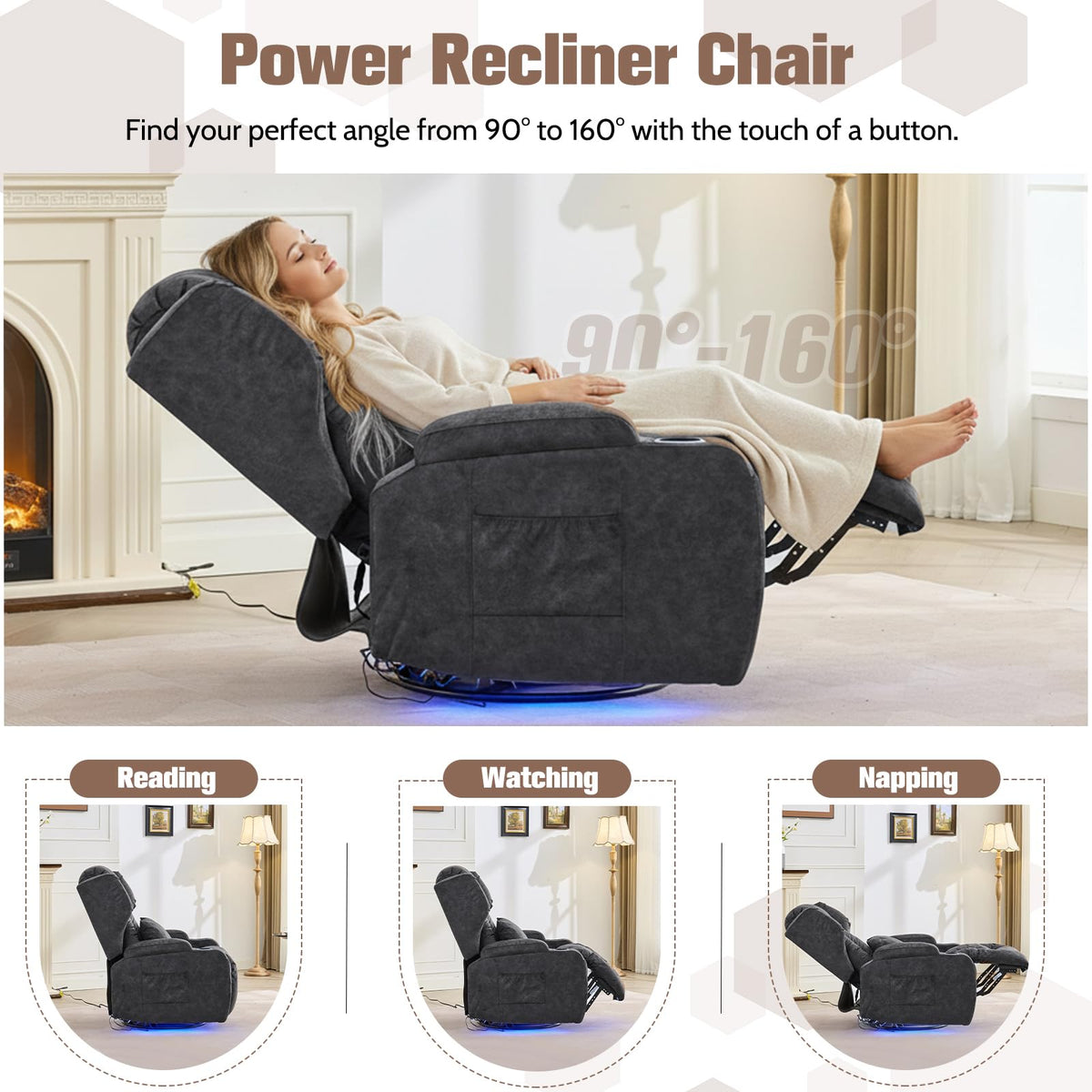Velvet Gray Swivel Rocker Recliner with Massage and Heat B314