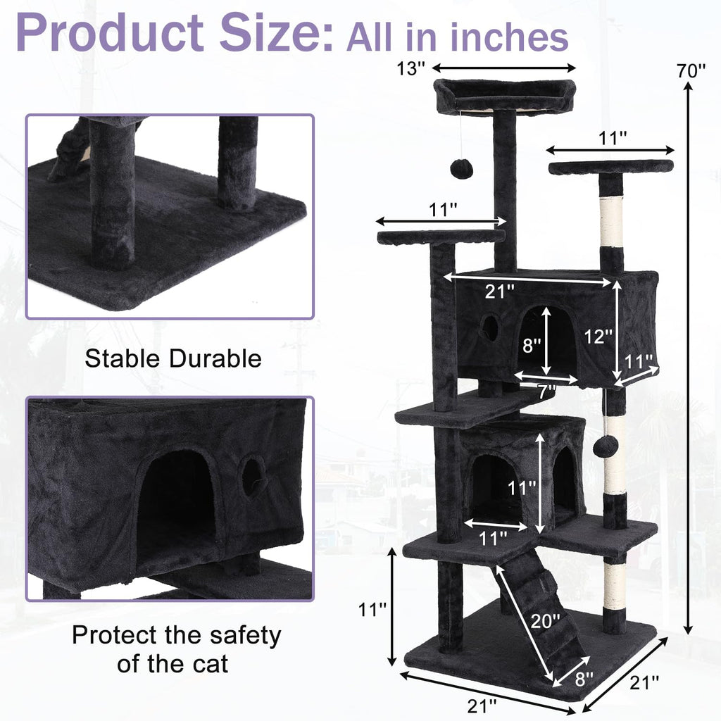 70 Inches Multi-Level Cat Tree with Litter Box Enclosure Dark Gray D73256