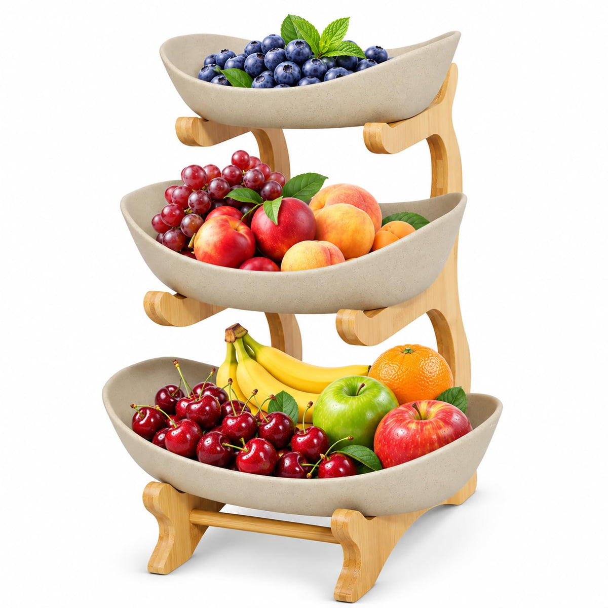 3 Tier Ceramic Fruit Basket with Bamboo Stand K79413